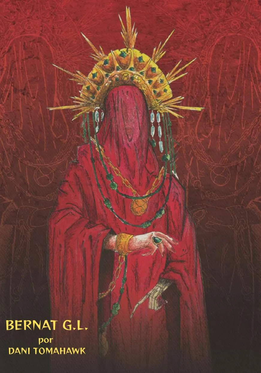 Ilustración de Bernat G.L.: una figura con velo rojo y corona de rayos dorados