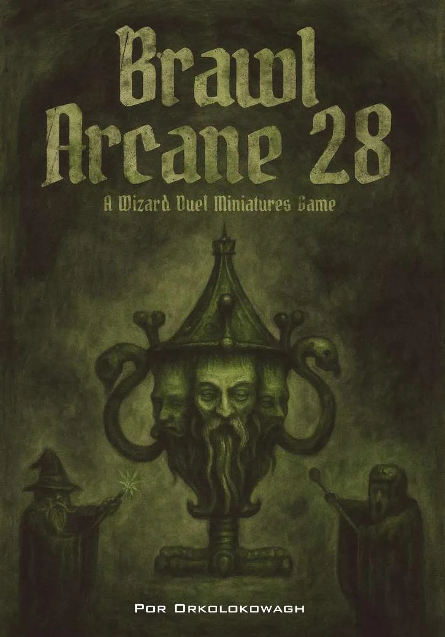 Portada de BrawlArcane28: un cáliz con rostros tallados y magos encapuchados en tonos verdes