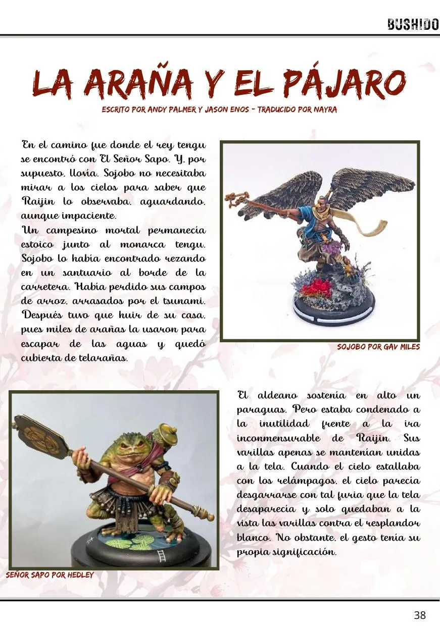 Página del relato La Araña y el Pájaro con miniaturas de un pájaro-guerrero y un sapo samurái