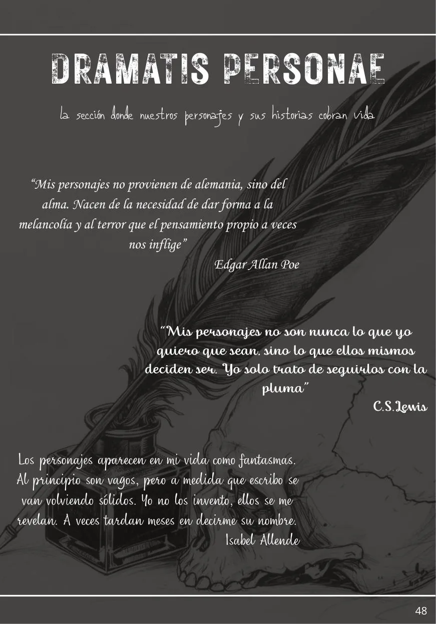 Página de Dramatis Personae con una pluma y citas sobre personajes