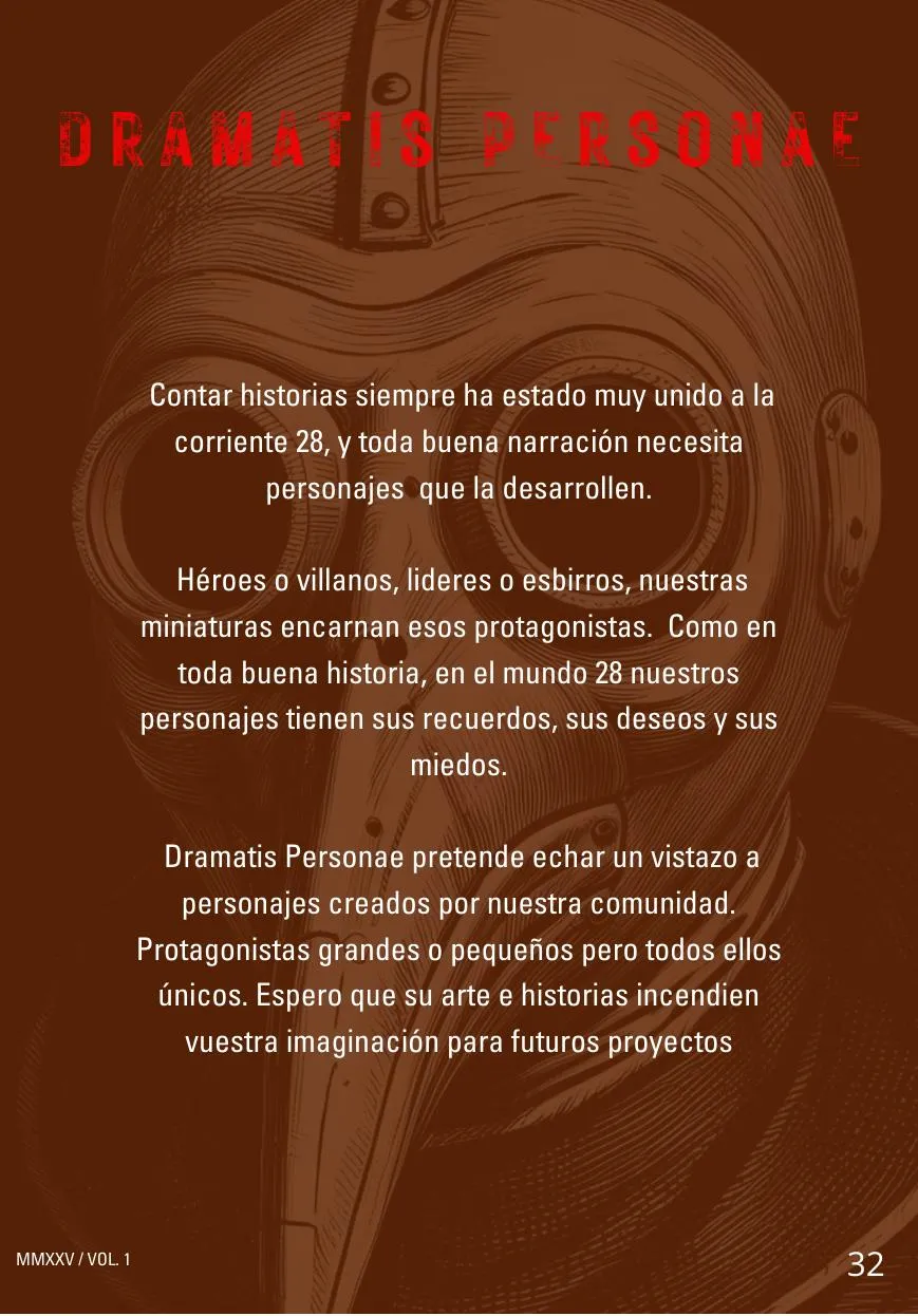 Página de apertura de Dramatis Personae en tonos rojizos con texto introductorio