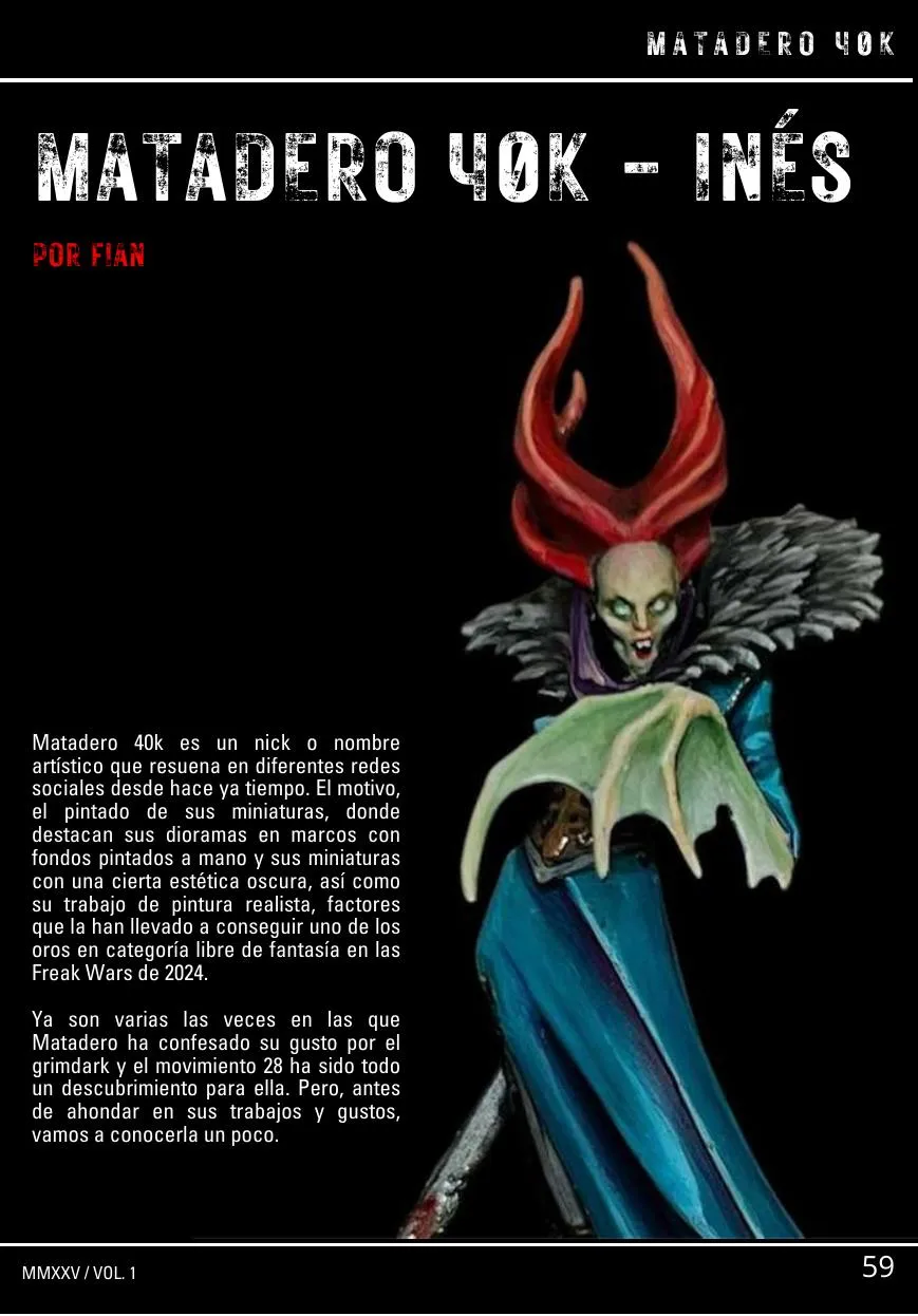 Página de Matadero 40K con una miniatura pintada de una figura con cuernos rojos y capa azul