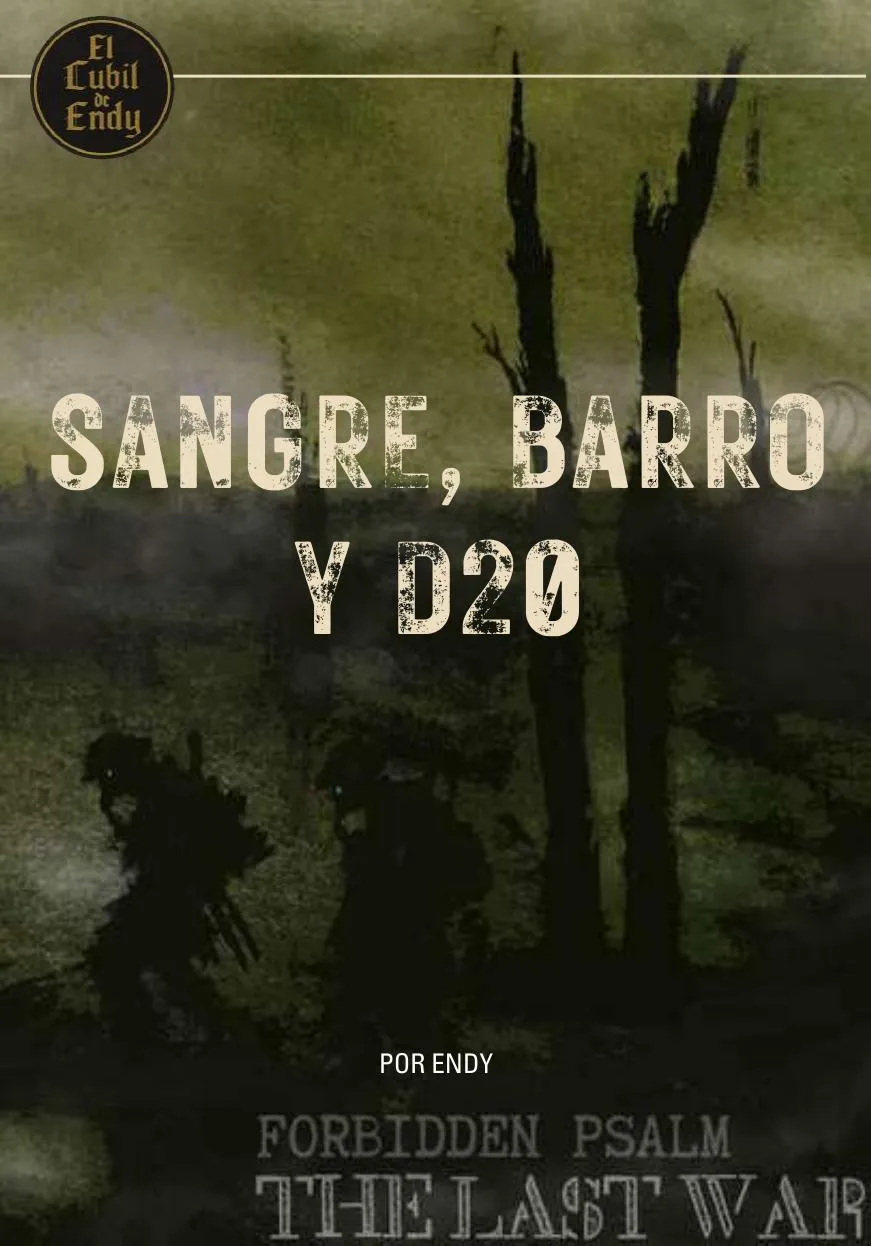 Portada de Sangre, Barro y D20 con siluetas de árboles muertos en un paisaje verdoso
