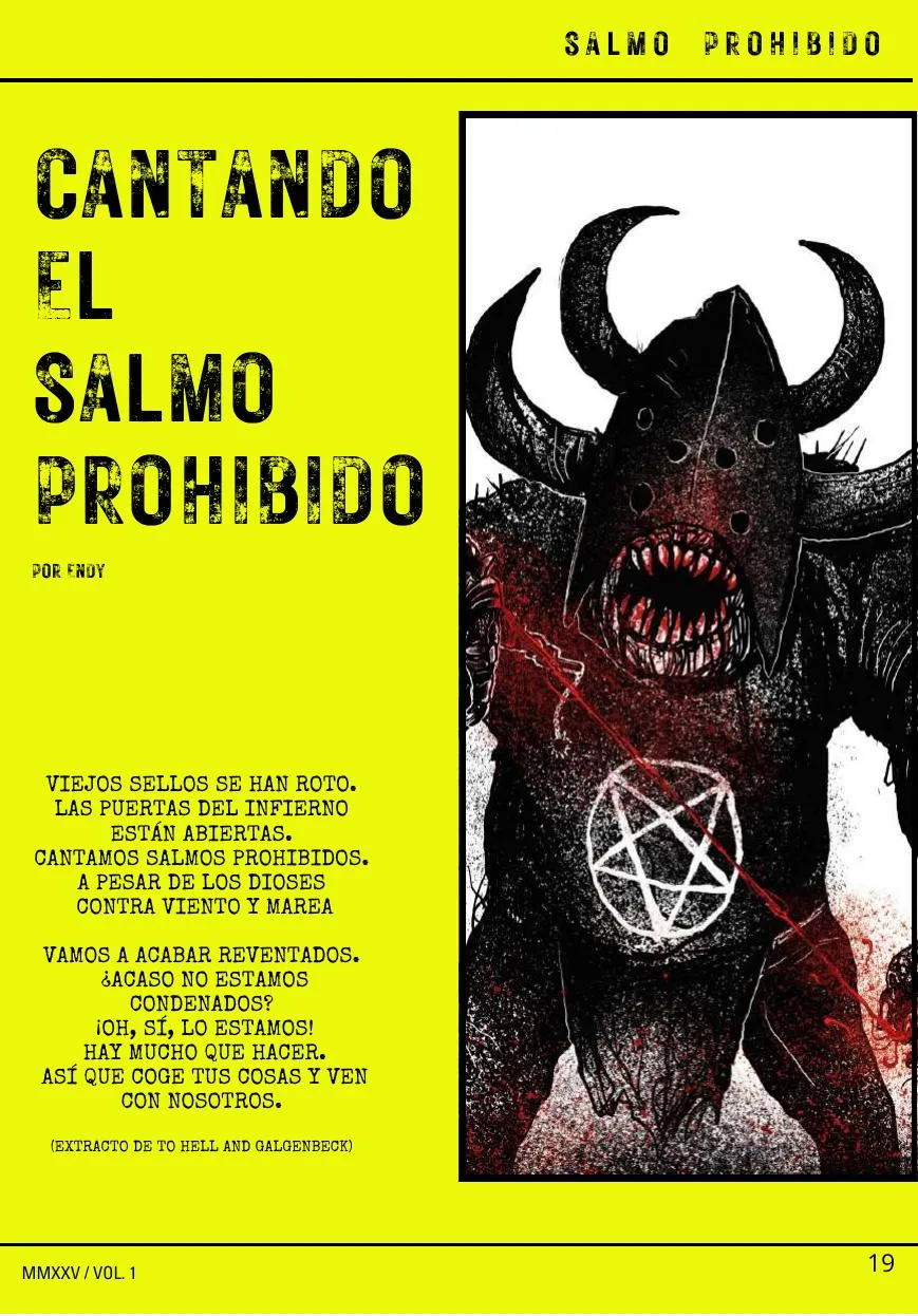 Página amarilla de Salmo Prohibido con un demonio cornudo dibujado a tinta