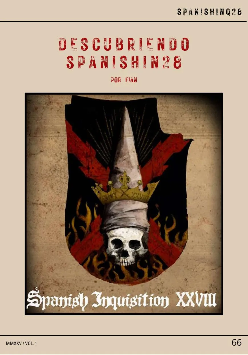 Página de SpanishINQ28 con un escudo de calavera coronada y el lema Spanish Inquisition XXVIII
