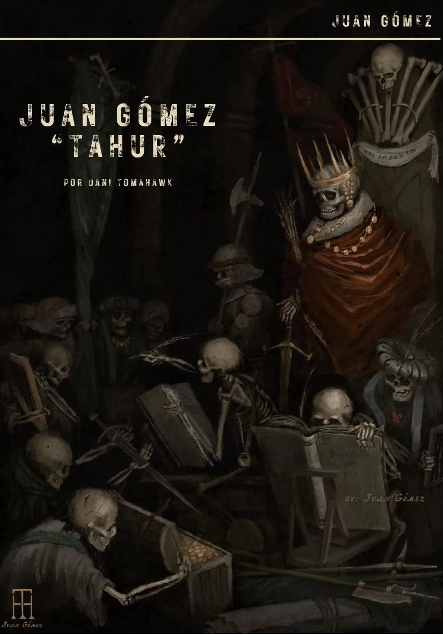 Ilustración de Juan Gómez "Tahur": un rey esqueleto coronado entre calaveras