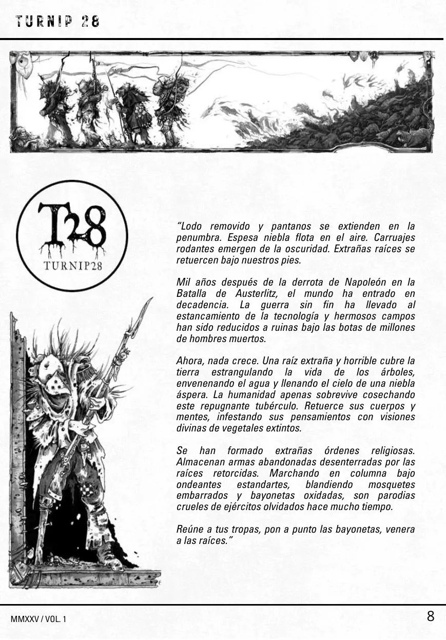 Página de Turnip28 con ilustración a tinta de una columna de soldados y el logo T28