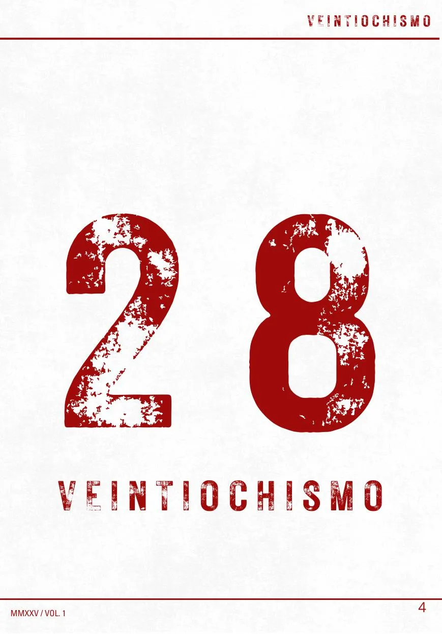 Página de apertura de Veintiochismo: un gran «28» rojo desgastado sobre fondo blanco